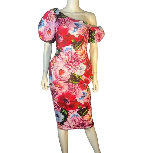 ASOS asymmetrical puff sleeve floral neoprene dress exaggerated hips sz 6 - Picture 1 of 10